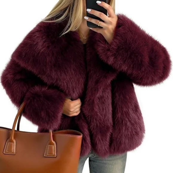 Women's Burgundy Faux Fur Jacket - Size XL - Picture 2 of 5